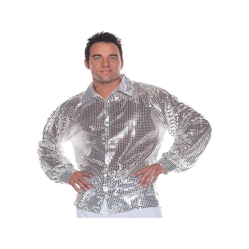 Silver Sequin 60\'s 70\'s Disco Dance Shirt Costume Adult