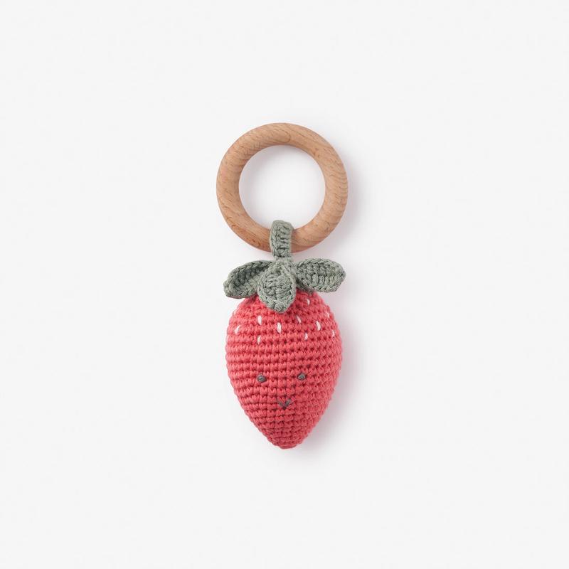 Elegant Baby Crochet Strawberry Wood Ring Rattle